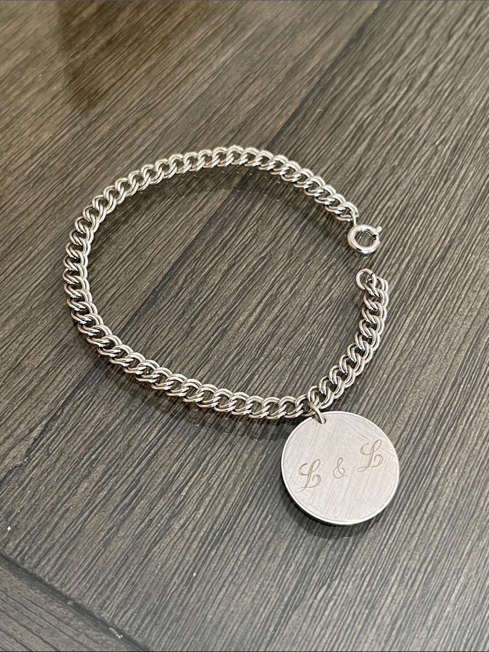 Vintage Sterling Silver Double Curb Link Charm Bracelet w/Monogram L&L 25 Years